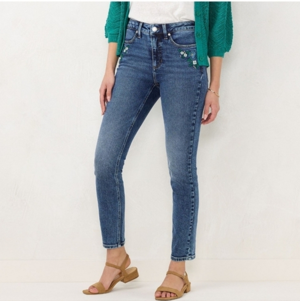 LC Lauren Conrad Floral Embroidered Skinny Denim Jean Size Women's 10